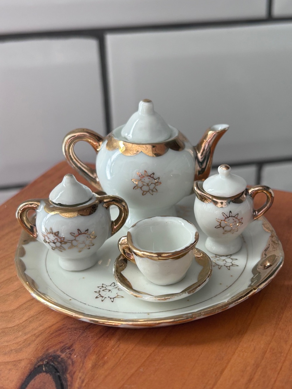 Vintage White Porcelain Mini Tea Set with Scalloped Gold Accents